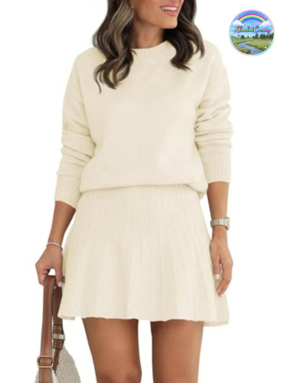 Women's Knit 2 Piece Skirt Set Crewneck Long Sleeve Pleated Mini Skirt Fall